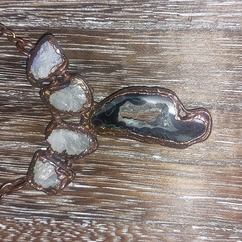 Black Agate Druzy and Raw Moonstone Electroform Copper Necklace - Picture 3 of 6
